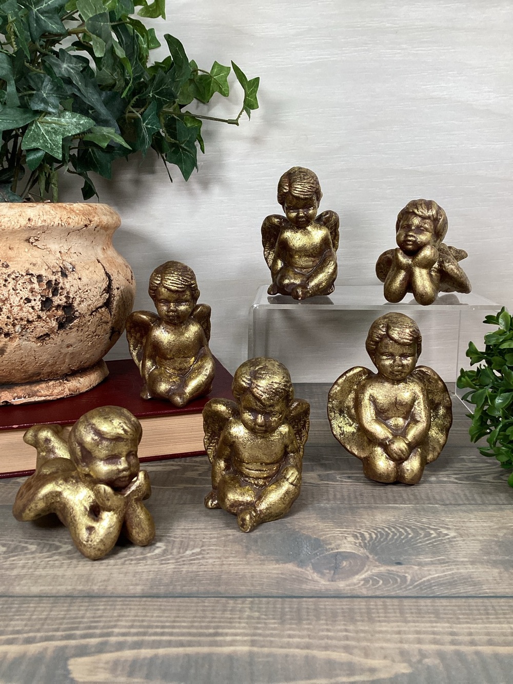 Vintage Lot of 6 MCM Gold Cherub Figurines Hollywood Regency Angel Shelf Sitters